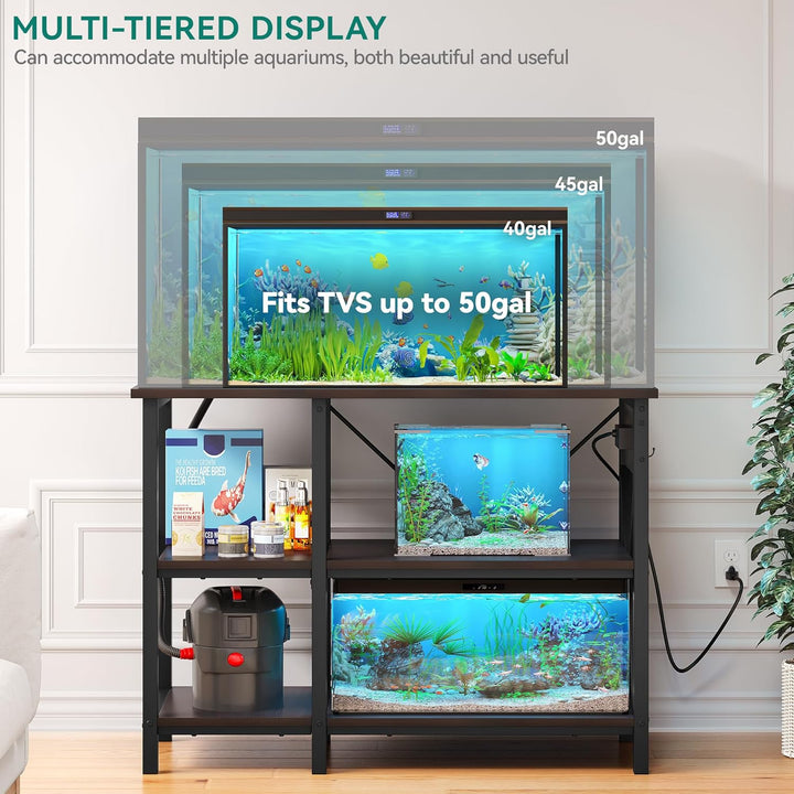 40-50 Gallon Fish Tank Stand with Power Outlet, 40X18 Inch Metal Aquarium Stand with 3-Tier Adjustable Storage Shelves and Hooks, 700LBS Capacity, Black