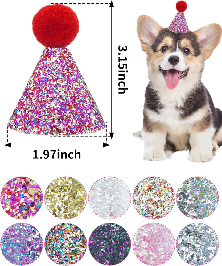 10 Pack Mini Small Dog Hats with Sequins Puppy Birthday Party Hats Cats Adjustable Holiday Hats Headband Kitten Hats Pet Grooming Costume Accessories