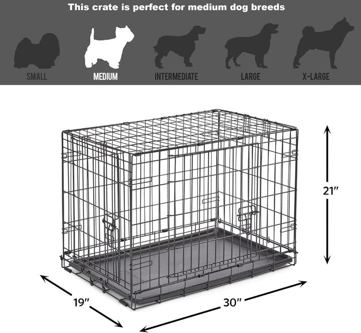 Double Door Folding Metal 30-Inch Dog Crate, Enhanced Security, Includes Leak-Proof Pan & Divider Panel, for Medium-Sized Breeds