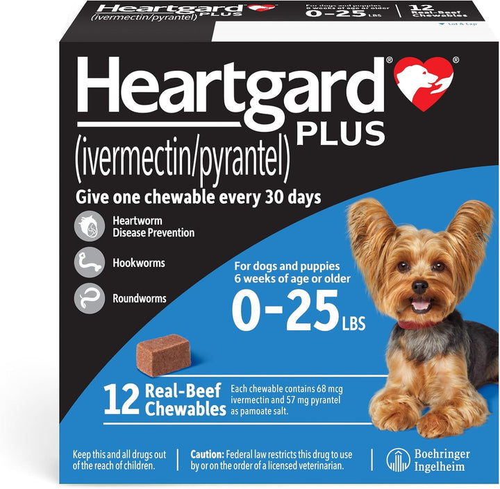 ® plus (Ivermectin/Pyrantel) Real-Beef Chewables for Dogs up to 25 Lbs (Blue Box) 6 Month Supply of Chews (Heartworm Disease Preventive)