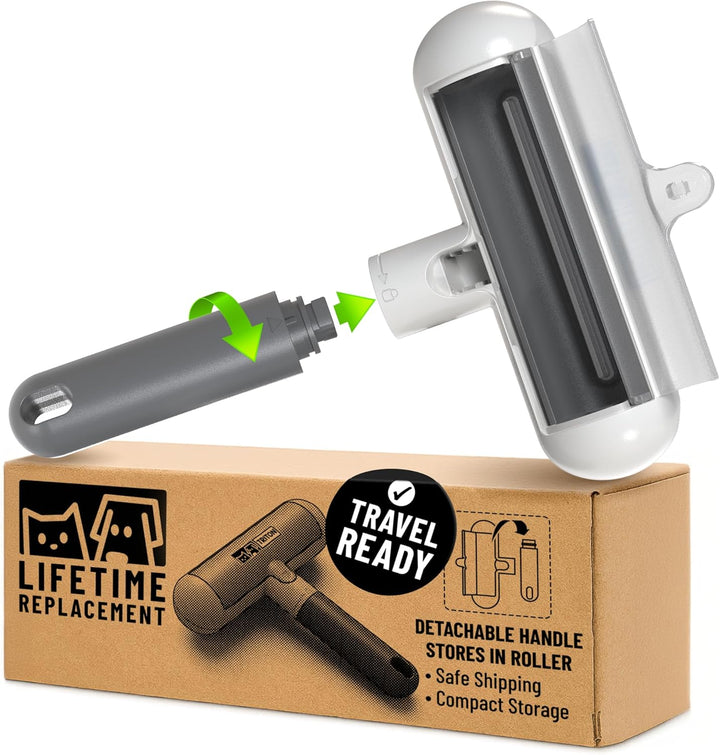 Pet Hair Removal Tool W/Fur Trapping Compartment and Detachable Handle, 60% Smaller Storage Size, Reusable Shedding Roller, Cat and Dog Hair Remover for Car, Furniture, Carpet (Gray/White)