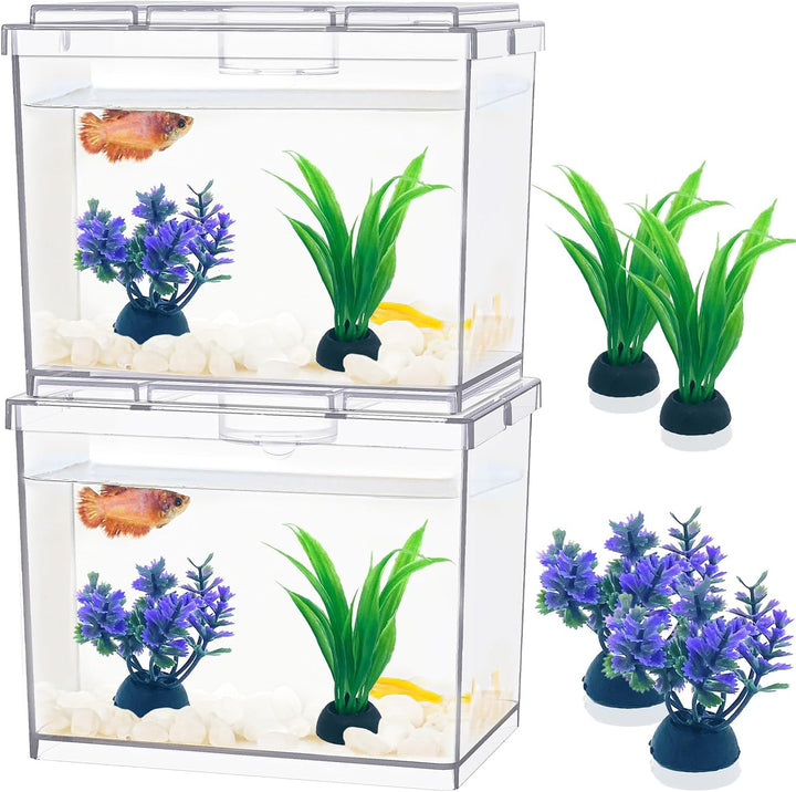 Mini Betta Fish Tank, Small Fish Bowl for Temporary Space, 0.2 Gallon Stackable Cube Tank with Betta Leaf and Gravels for Small Fish, Insect, Shrimp, Crab, Spider.(Pack-1)