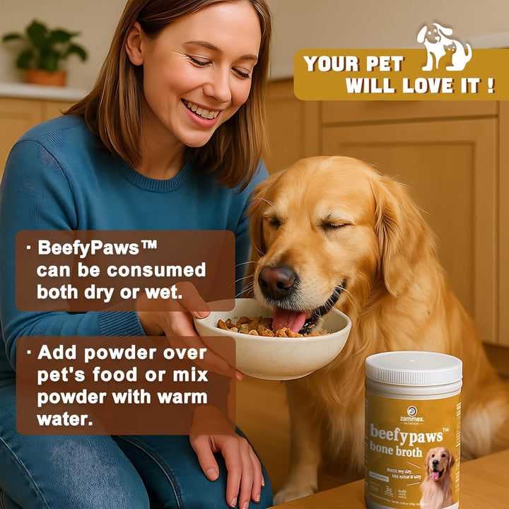 Grass-Fed Beef Bone Broth Protein Powder for Dogs & Cats - Joint & Bone Support, Healthy Fur Enhancer, Pet Food Topper for Dry & Wet, 10.58Oz