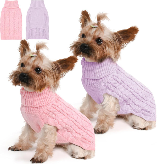 2 Pack Dog Sweaters for Small Dogs Winter Turtleneck Pullover Cable Knit Fleece Stretch Puppy Doggie Chihuahua Toy Poodle Yorkie Pomeranian Boy Girl Pet Clothes (S, Pink & Purple)