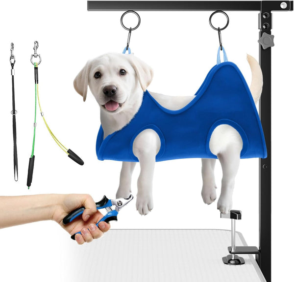 Adjustable Foldable Dog Grooming Arm with Heavy-Duty Clamp: 26" to 40" Height, Includes Safety Hammock & No-Sit Holders – Perfect Grooming Restraint for Small & Medium Dogs at Home or Salons