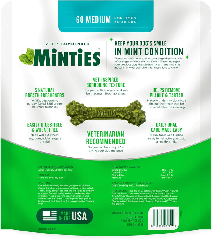 Dental Chews for Dogs, 60 Count, Vet-Recommended Mint-Flavored Treats for Medium Dogs 25-50 Lbs, Bones Clean Teeth, Fight Bad Breath, and Removes Plaque and Tartar
