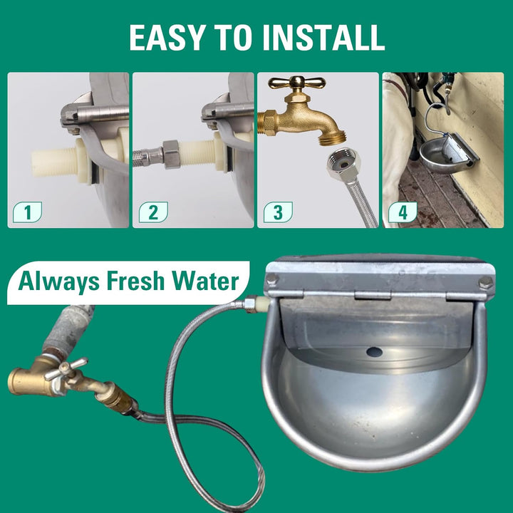 304 Stainless Steel Automatic Livestock Waterer with Float Valve and 39 Inch Water Hose(One End 3/4''), Automatic Animal Water Bowl for Dogs,Horse,Calf,Chicken,Goat, Livestock Horse Waterer Dispenser