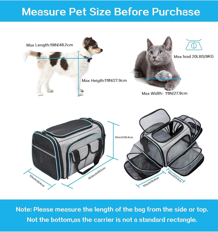 Airline Approved Pet Carrier, Large Soft Sided Pet Travel TSA Carrier 4 Sides Expandable Cat Collapsible Carriers with Removable Fleece Pad and Pockets for Cats Dogs and Small Animals