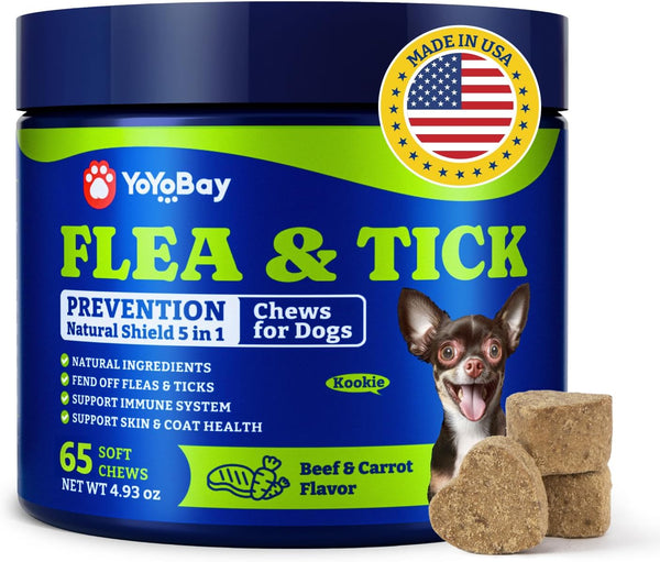 Flea & Tick Prevention for Dogs Chewables, Natural Dog Flea and Tick Control Treatment, Oral Flea Pills, Dogs Supplement, Natural Shield 5-In-1 Protection, Beef & Carrot Flavor, 65 Soft Chews