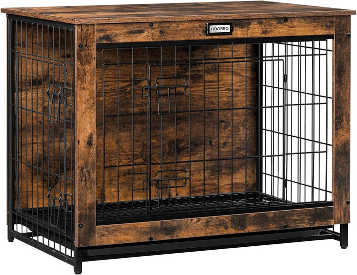 Dog Crate Furniture, 38.6" Large Dog Kennel Indoor, Wooden Cage with Pull-Out Tray, Double Doors Pet House Side End Table for Large/Medium/Small Dogs, Rustic Brown BF982GW03G1
