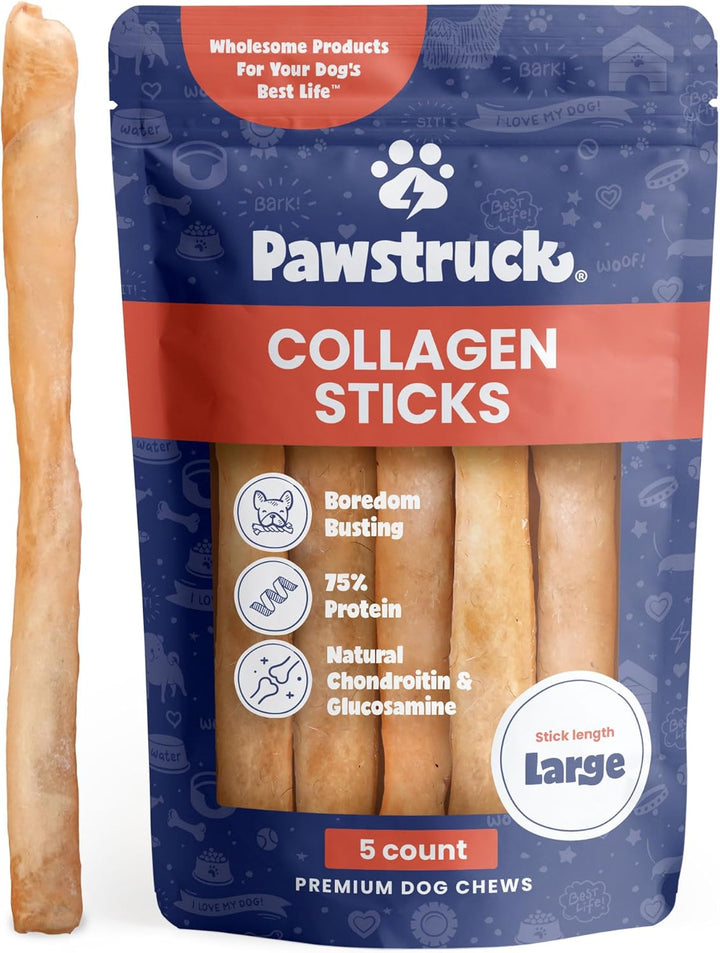 Natural Large 12" Beef Collagen Sticks for Dogs – Long-Lasting Rawhide Alternative, High Protein Treats with Chondroitin & Glucosamine – 5 Pack