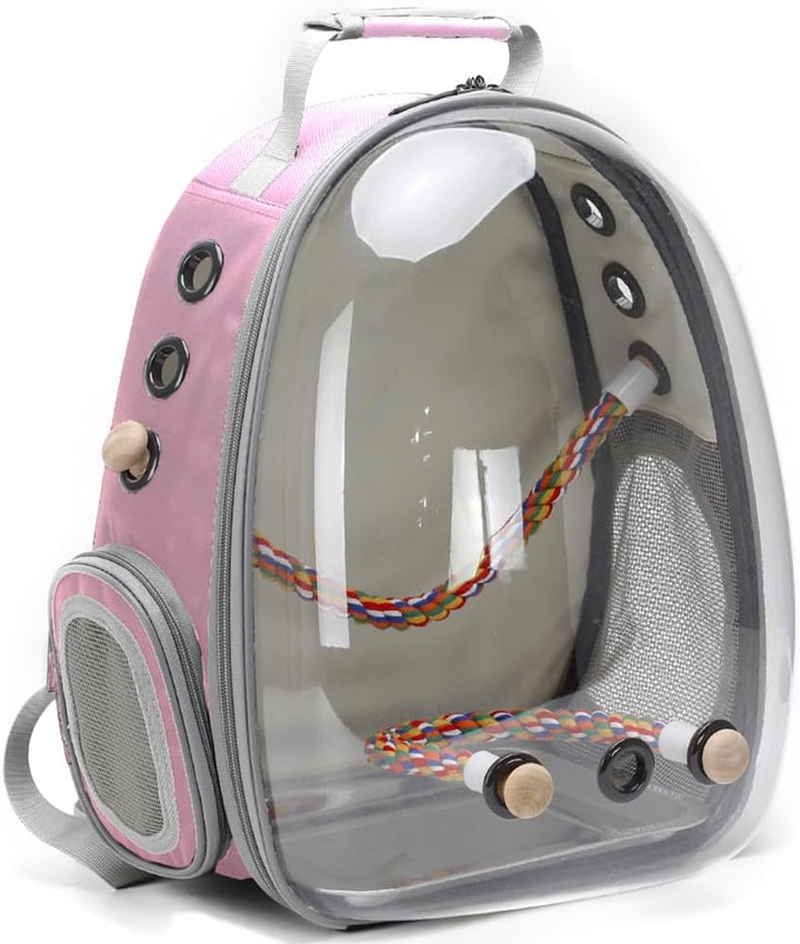 Bird Traval Carrier Cage, Clear Space Capsule Astronaut Backpack to Carry Parakeet Cockatiel Parrot with Metal Tray Wood Perch, Vet Transport School Bag