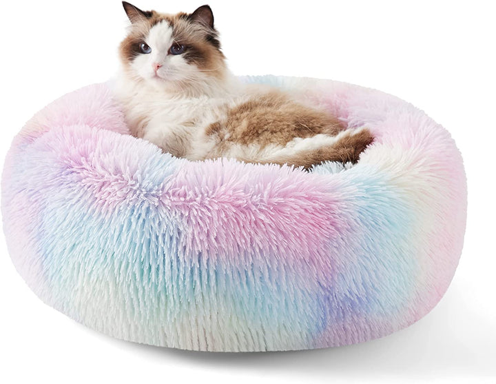 Calming Dog Bed Medium Size Dog - Donut Washable Medium Pet Bed, 30 Inches Anti-Slip round Fluffy Plush Faux Fur Cat Bed, Fits up to 45 Lbs Pets, Camel