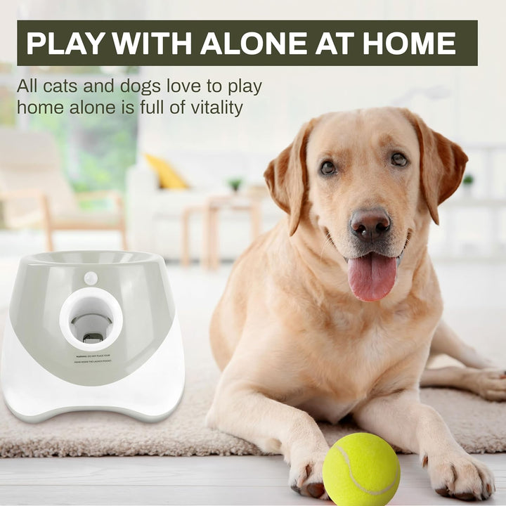 Dog Ball Thrower Launcher, Indoor/Outdoor Automatic Ball Launcher for Small and Medium-Sized Dogs, Includes 6 Mini Tennis Balls and a Data Line, Grey