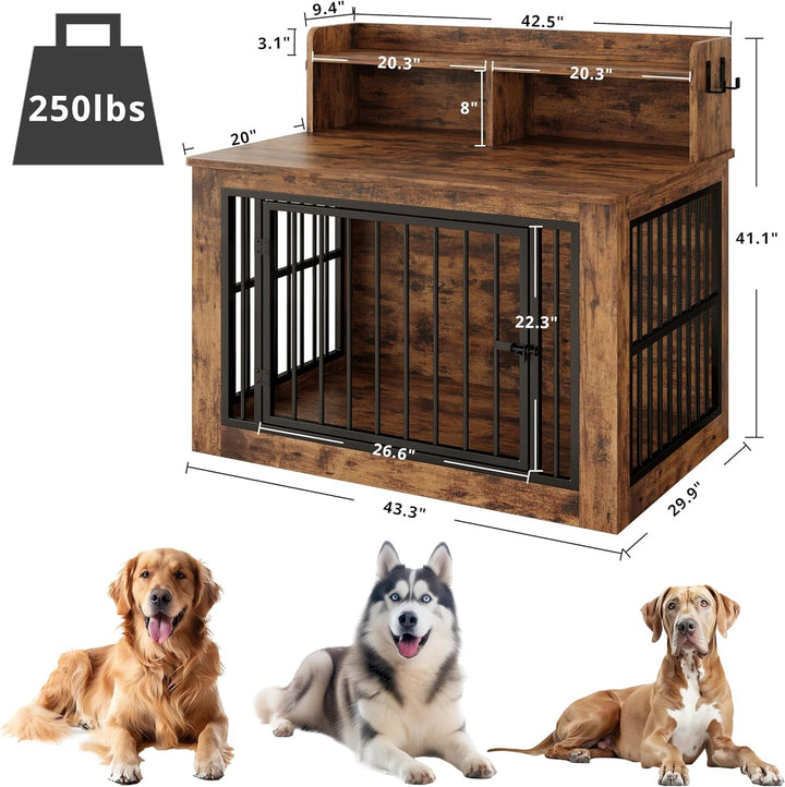 Extra Large Dog Crate Furniture, 43.3 Inches Wooden Dog Crate with Storage and 4 Hooks, Heavy Duty Pet Crate for Large Dog, Decorative Pet Cage for Indoor (30" L X 43.3" W X 41.1" H)