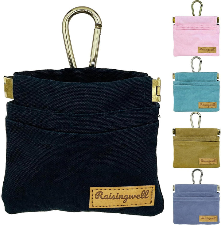 Dog Treat Pouch, Green Pocket Sized Pet Training Pouch, Cotton Fabric, Hand Free Dog Walking Bag with Carabiner, Self-Closing Pet Feed Snack Reward, for Puppy Travel or Outdoor Use