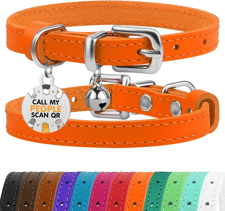 Leather Cat Collar with Removable Bells Non Breakaway Kitten QR Tag for Girl Boy (7" - 9" for Cats, Black & Gold)