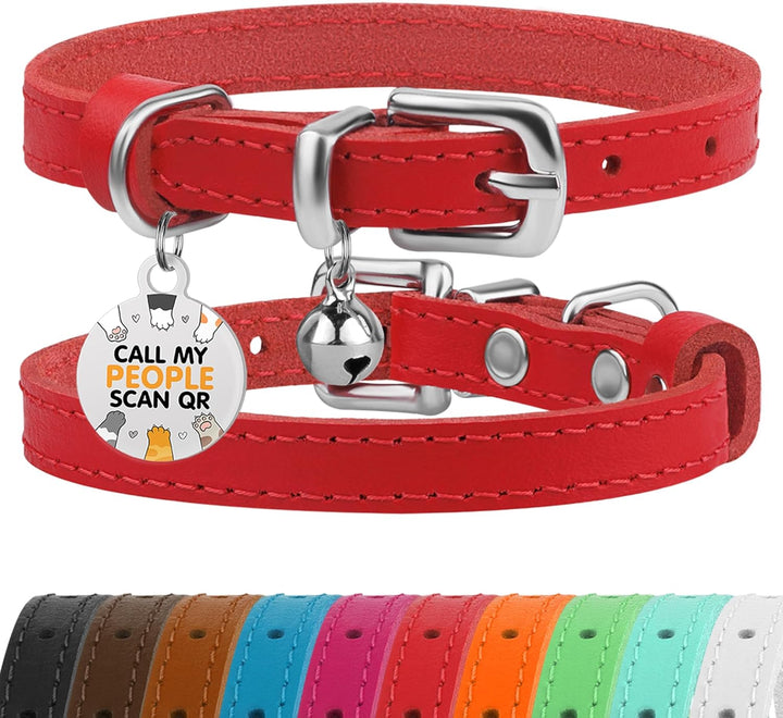 Leather Cat Collar with Removable Bells Non Breakaway Kitten QR Tag for Girl Boy (7" - 9" for Cats, Black & Gold)