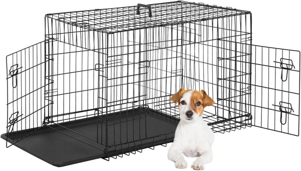 Dog Crate for Small Dogs 24 Inch Folding Metal Wirepet Cage Double Door W/Divider Panel Indoor Outdoor Kennel Leak-Proof Plastic Tray,Black