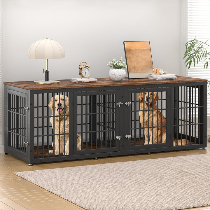 48 Inch Rustic Heavy Duty Dog Crate Furniture for Extra Large Dogs, Decorative Pet House End Table, Wooden Cage Kennel Furniture Indoor, Black and Brown