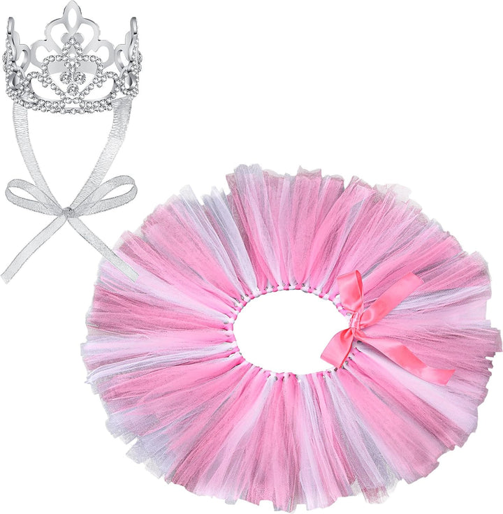 2 Pcs Dog Crown Headband Dog Tutu Dress Set Crystal Rhinestone Tiara Crown Tutu Skirt Pet Dress Costume for Puppy Birthday Party Wedding Photo Prop Costume(X-Large,Rose Red, White)