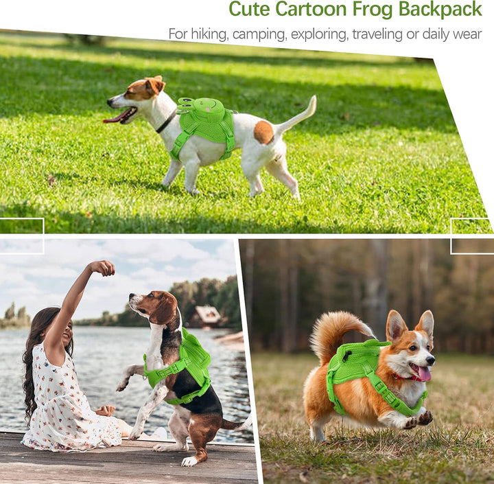 Dog Backpack Harness, No-Pull Dog Backpack with D-Ring for Small Medium Dogs, Cute Self Carrier Backpack for Dogs to Wear, Adjustable Doggy Backpacks for Traveling Camping Hiking, Frog, M