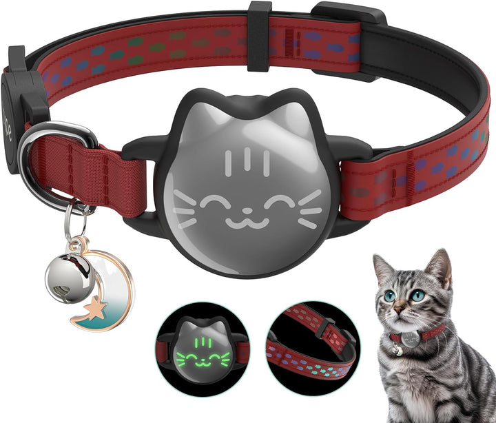 Waterproof Airtag Cat Collar, Breakaway Cat Airtag Collar with Luminous & Reflective Fish Pattern, Lightweight Kitten Collars for Apple Air Tag, Hidden GPS Tracker Holder for Cats, Kittens(9-13")