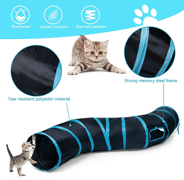 Cat Tunnel, S-2-Way Cat Tunnels for Indoor Cats, Collapsible Cat Play Tunnel, Interactive Toy Maze Cat House with 1 Play Ball for Cats, Puppy, Kitty, Kitten, Rabbit (Blue & Black)