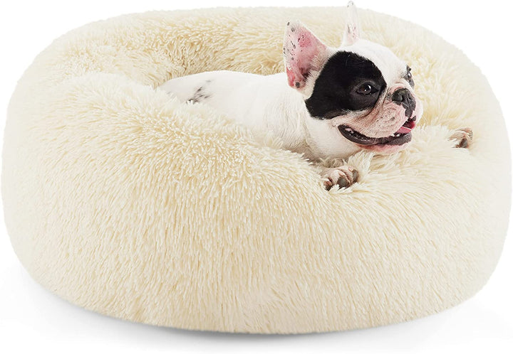 Calming Dog Bed Medium Size Dog - Donut Washable Medium Pet Bed, 30 Inches Anti-Slip round Fluffy Plush Faux Fur Cat Bed, Fits up to 45 Lbs Pets, Camel