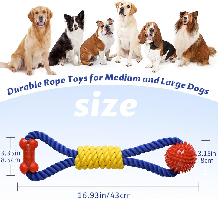 Interactive Dog Rope Toys Tug of War, Tough Dog Toys for Large, Medium & Small Dogs, 100% Cotton Chew Toys for Boredom, Pull Ball Rope Teeth Cleaning