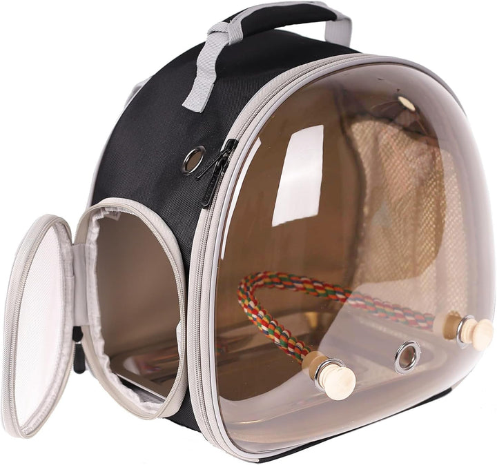 Small Bird Travel Backpack Carrier Cage, Backpack to Transport Backpack Carrier with Metal Tray Stand Perch for Parakeet Cockatiel Budgies Vet Carry Book Bag Black