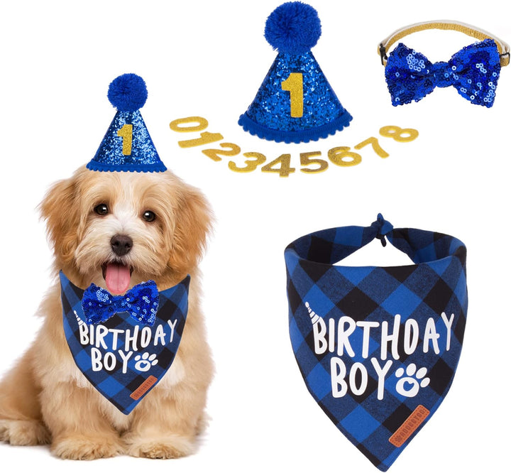 Dog Birthday Party Supplies, Multi Size Offered, Blue Dog Birthday Hat Bandana Numbers Bow Set for Large X-Large Dogs Pets (X-Large)