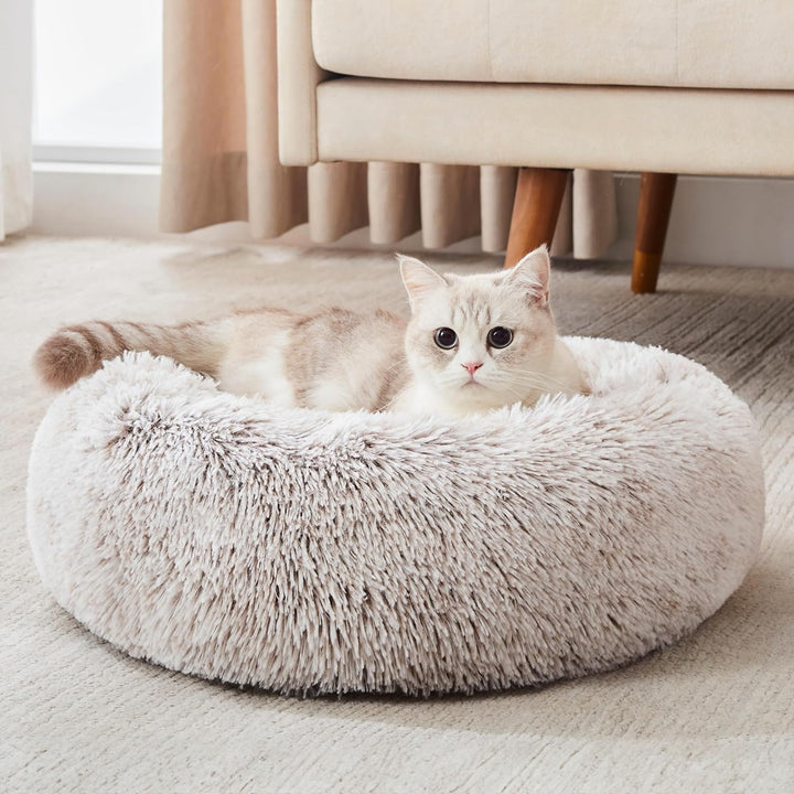 Calming Soft round Dog & Cat Bed, Anti-Anxiety Donut Cuddler Warming Cozy Fluffy Faux Fur Plush Cushion Bed for Small Medium Dogs and Cats (20"/24"/27"/30"), Light Grey