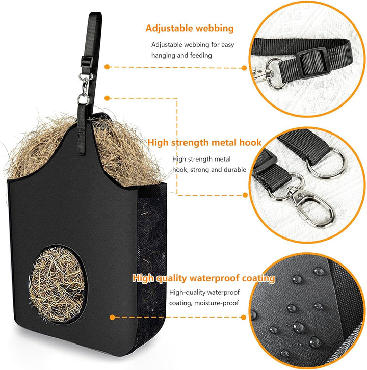 Hay Bag Hanging Goat Feeder Tote Premium Oxford Cloth with Metal Ring and Adjustable Strap for Horses Donkeys Cows Alpacas Ostriches or Other Animals Black