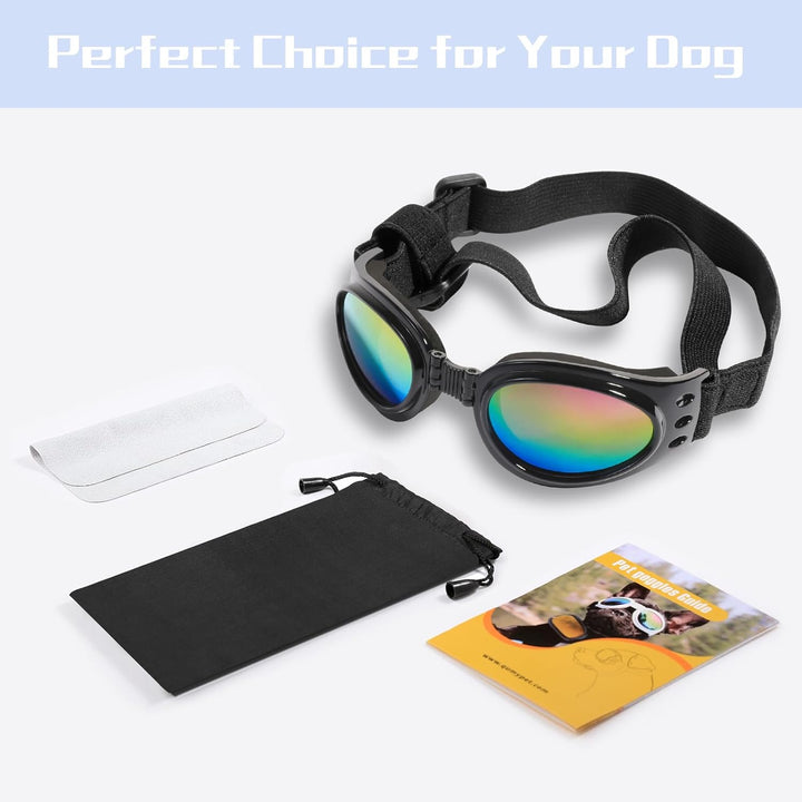 Dog Sunglasses Dog Goggles for Medium Large Breed Dogs, Wind Dust Fog Protection Eye Wear Pet Glasses with Adjustable Strap for Motorcycle Car Driving Bike Riding Hiking Swimming over 15Lbs Black