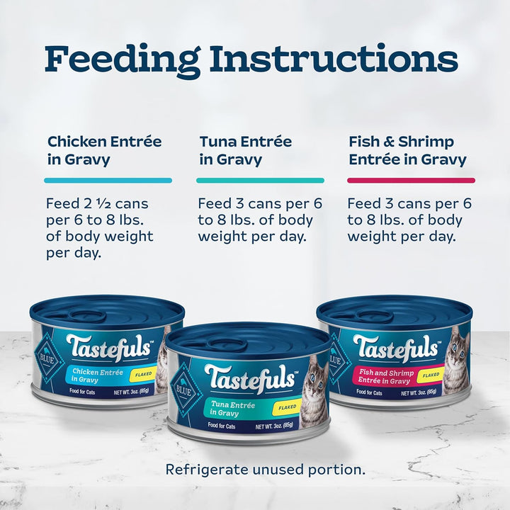Tastefuls Flaked Wet Cat Food Variety Pack, Made with Natural Ingredients, Tuna, Chicken, Fish & Shrimp, 3-Oz Cans (12 Count, 4 of Each)