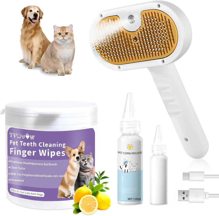 Pet Steam Brush for Dog & Cat – 3-In-1 Spray Hair Removal Comb – Steam for Shedding & Grooming – Water Brush for Long & Short Haired Pets – Spritz Defur Comb – Includes Waterless Shampoo