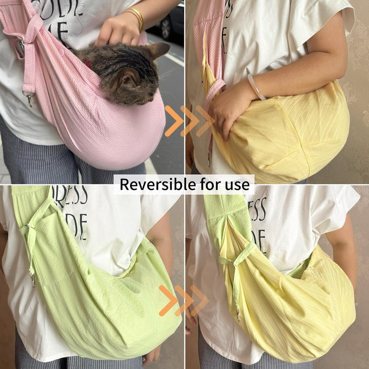 Cat Sling Carrier, Dog Purse Carrier for Small Dogs Cats 3-15 Lbs, Puppy Carrier Breathable Fabric with Storage Pockets