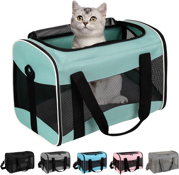 Cat Carrying Case Pet Dog Carrier Soft-Sided Cat Bag Airline Approved, Pet Travel Carrier up to 15 Lbs, Collapsible Cats Carrier Dog Carrier for Medium Small Cats Dogs(17X11X11 Green)