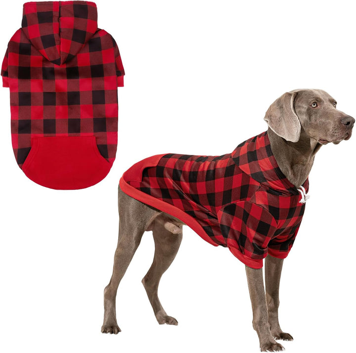 Plaid Dog Hoodie Pet Clothes Sweater with Hat and Pocket for Small Medium Large Size Dogs, Soft Winter Warm Dog Cold Weather Coat, Fleece Fall Dog Hooded Sweatshirt for Puppy Cats, Red XL