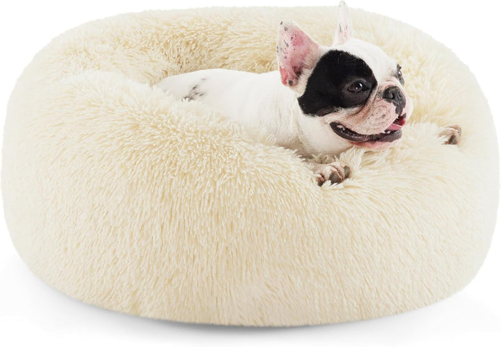 Calming Dog Bed Medium Size Dog - Donut Washable Medium Pet Bed, 30 Inches Anti-Slip round Fluffy Plush Faux Fur Cat Bed, Fits up to 45 Lbs Pets, Camel