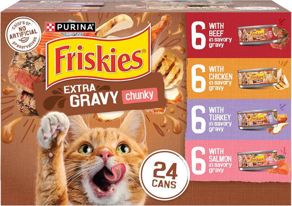 Purina  Extra Gravy Wet Cat Food Chunky 24Ct Variety Pack (With Chicken, Turkey, Salmon, Beef) - (Pack of 24) 5.5 Oz. Cans