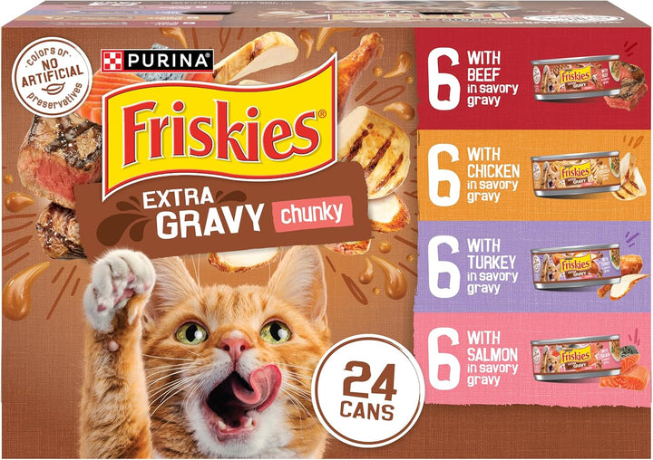 Purina  Extra Gravy Wet Cat Food Chunky 24Ct Variety Pack (With Chicken, Turkey, Salmon, Beef) - (Pack of 24) 5.5 Oz. Cans