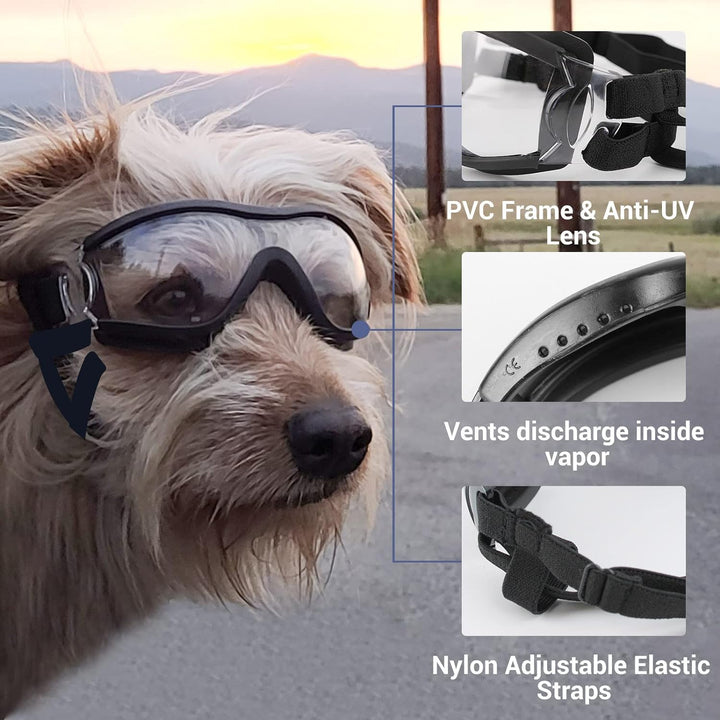 Dog Sunglasses Medium to Large Dog UV Transparent Goggles Windproof Anti-Dust Snowproof Pet Glasses with Elastic Straps, Clear