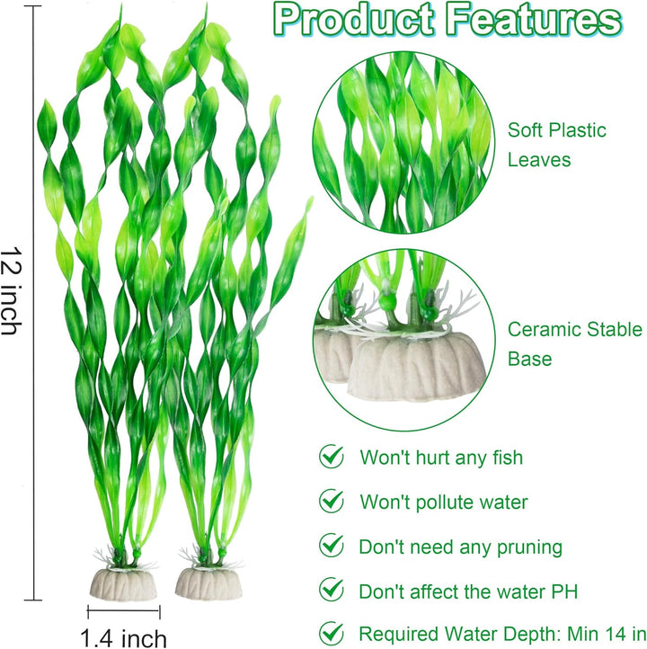 Artificial Seaweed Water Plants for Aquarium, Plastic Fish Tank Plant Decorations 10 PCS (12 Inches Tall, Green)