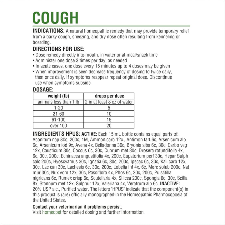 Cough, Safe and Natural Cough Supplement for Dogs, Cats, and Small Pets, 15 Milliliters