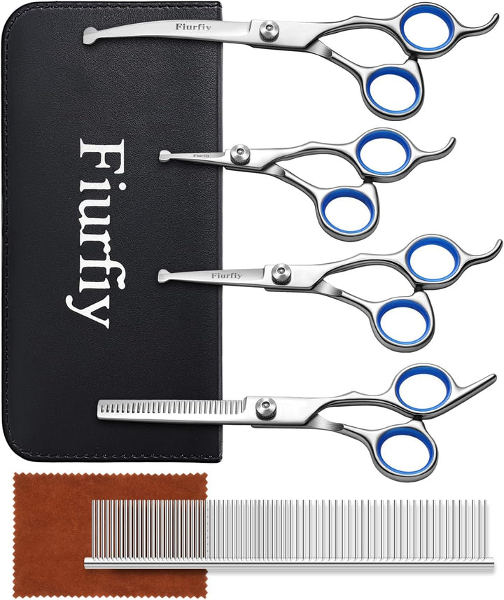 6-In-1 Dog Grooming Scissors - Professional Stainless Steel Hair Cutting Kit with Safety Rounded Tips, Ergonomic Soft-Grip Handles for Small & Large Dogs, Cats