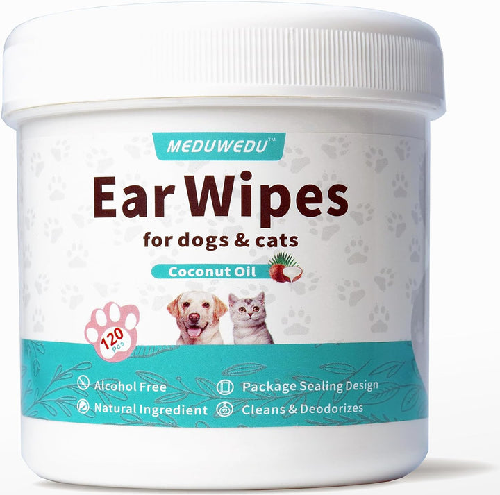 Ear Cleaner Finger Wipes 60 Counts, Dog Ear Cleaner, Grooming Kit Care for Dogs and Cats, Soft & Easy Otic Cleaning Pads, Remove Wax, Dirt & Stop Smelly, Itchy, Non-Irritating, Coconut Scent