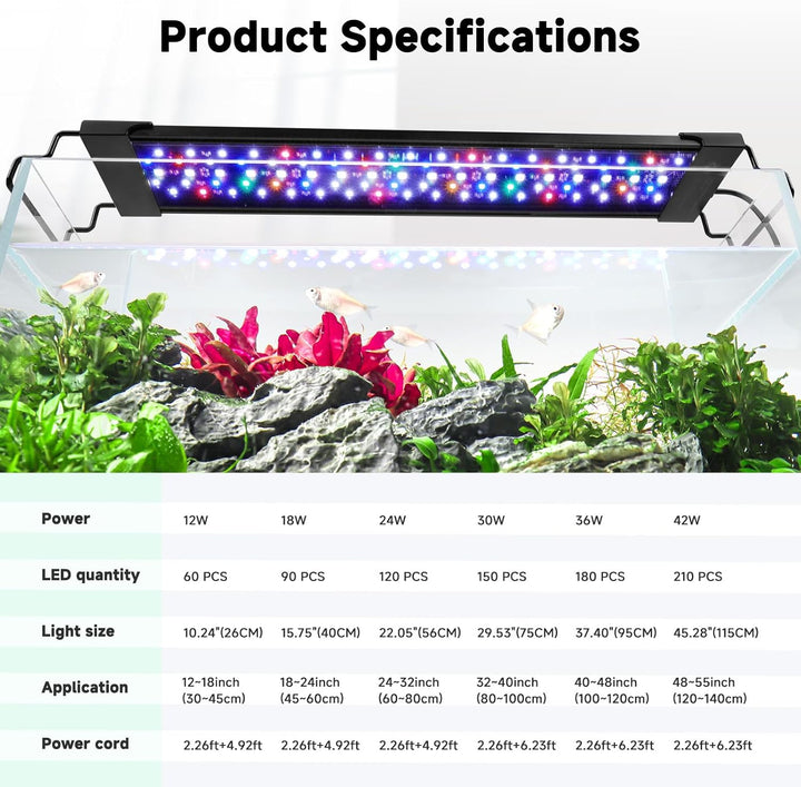 LED Aquarium Light, 24/7 Mode IP68 Waterproof Extendable Bracket Fish Tank Light, DIY Mode Full Spectrum Aquarium Plant Light, Adjustable Timer/Brightness Memory Function for 24-32 Inch Fish Tank