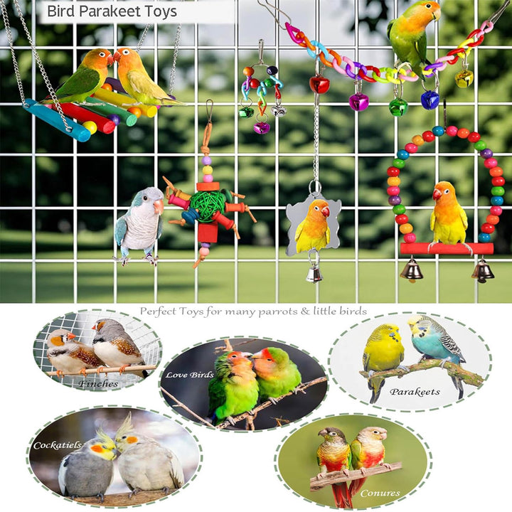 8 Pcs Parakeet Cockatiel Bird Toys, Parrots Cage Accessories Swing Wooden Perch Chewing Toy for Budgerigar, Conures, Love Birds, Finches, Budgies